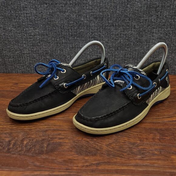 Sperry Top Sider Boat Shoes Womens 6.5 Black Leather Blue Trim Casual - Picture 5 of 13
